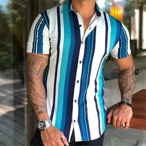 FGKKS 2023 Randig skjorta för män Smal bomull Andas mode kortärmad högkvalitativ design Casual skjorta manlig Blue EU size S