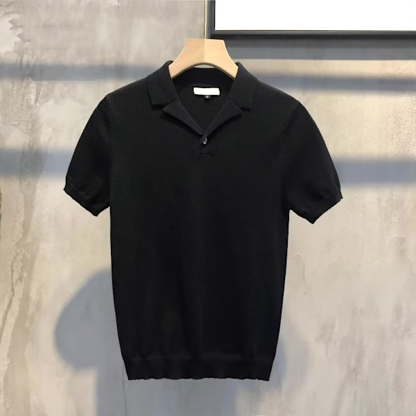 2023 Sommar Nya Mäns Blus Krage Solid Färg Stickade Polo Skjorta Brittiska Slim-Fittende Kort Ärm Casual Retro T Tröj Black XXXL