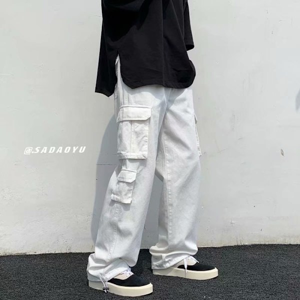 2023 Multi-Pocket Cargo Housut Miesten Muoti Merkit Hong Kong Style Casual Housut High Street Mekaniikka Style Suora Lahje Housut Pu Shuai Miesten Housut White XXL