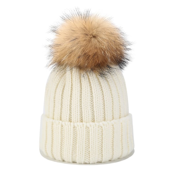 Ins New Big Fur Ball Hat Män Och Kvinnor Höst Och Vinter Utomhus Allt-Matcher Raccoon Riktiga Fur Ball Stickade Hat Varm Förälder-Chi Ld Hatt Rose Red Children (52-55Cm)