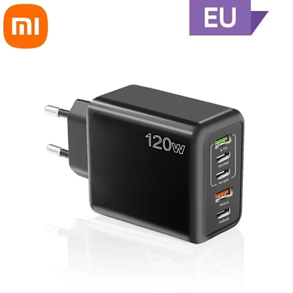 Xiaomi 120W Snabb Laddning Multi 5 Portar Usb C Pd Gränssnittladdare Snabbladdning Telefonladdare Adapter För Xiaomi Samsung Black EU