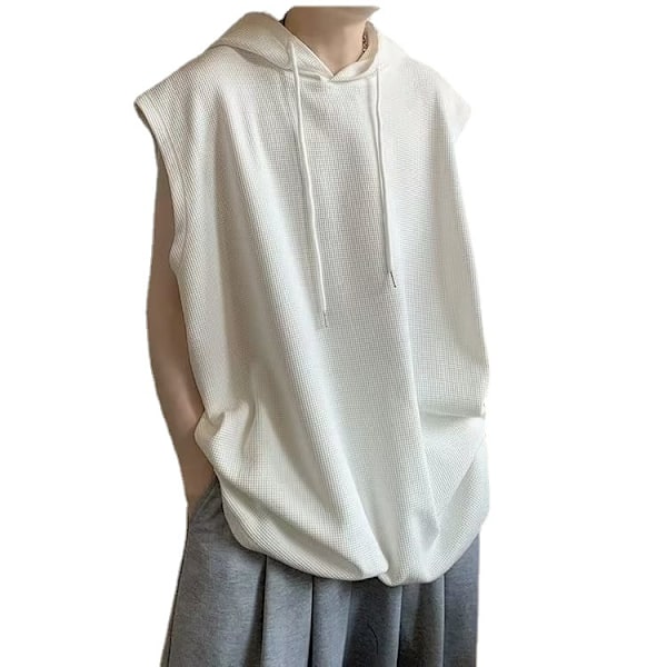 Plus Størrelse Casual Hooded Vest Trendy Harajuku Japansk Stil Mænds Vafler Trendy Svedløse Ærmeløse T-Shirt Rund Hals Sommer Tynd White 5L