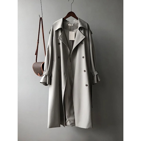 Koreanska Chic Dubbel Breasted Lång Trench Rockar Kvinnor Streetwear Lös Gabardina Jackor Med Bälte Spring Fall Lång Ärm Abrigo grey L