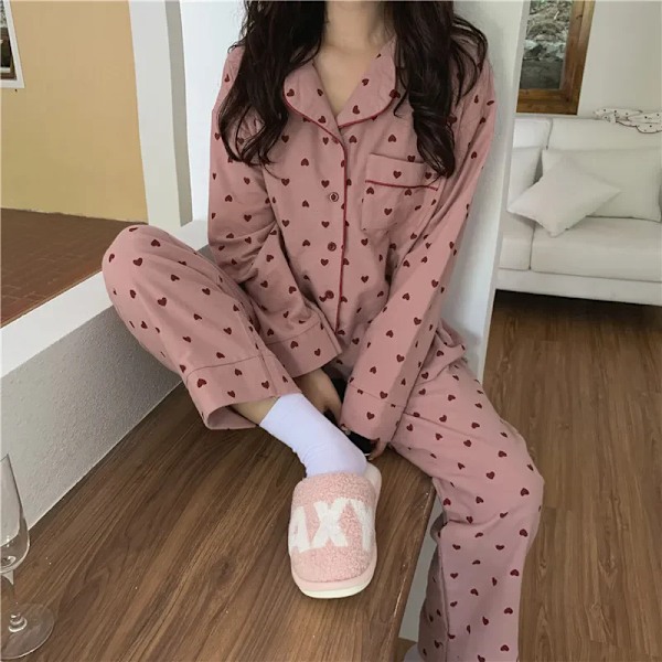 Sydän Print Koti Puku Löysä Puuvilla Casual Yöasu Korealainen Pyjamasetti Housut Harajuku Koti Vaatteet Kawaii Yksittäiset Rinnat Topissa White S