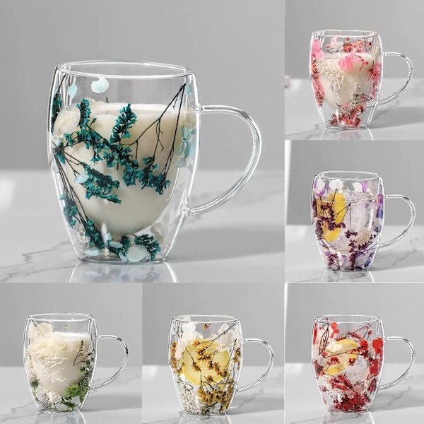 350 ml Kreativ Dobbelt Glas med Ægte Blomster Høj Udseende Niveau Fuld Stjerne Tørrede Blomster Mælk Kaffe Glas Husholdningskop Forbrugsvarer Red B 350ml