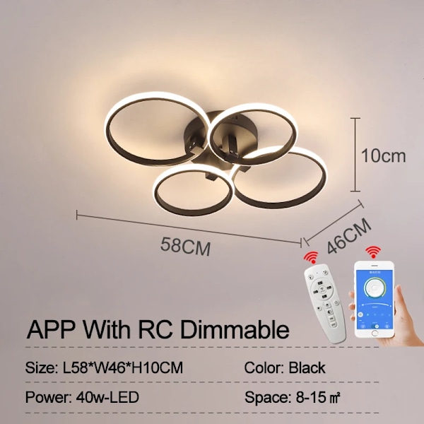 8/6/4 Renkaat Moderni Led-Kattokruunu Olohuoneeseen Huone Makuuhuone Opiskeluhuone Kattovalo Valo Musta / Valkoinen Ceilie Lampanska 4 Rings Black Dimmable RC With APP