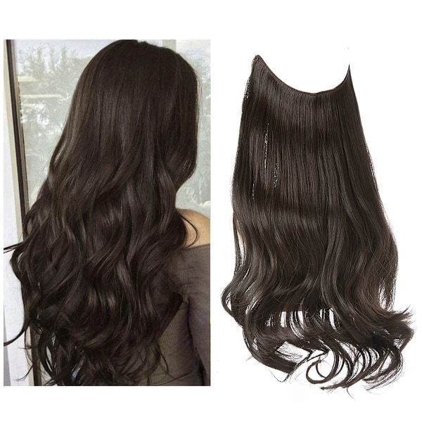 Syntetiska Ingen Clip Wave Hår Extensions Ombre Naturlig Svart Blond Rosa En Bit Falsk Hårpiece Fisk Linje Fake Hårstycken Dark Brown 16inches