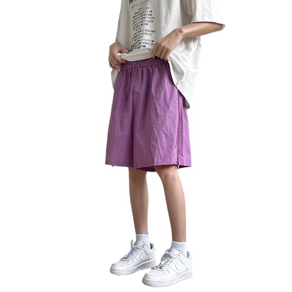 2024 Sommar Nya Sidan Dubbelhuvad Blixtlås Sömmar Ice Silk Loose Mode Casual Shorts Mäns Mode Tunn Purple XXL