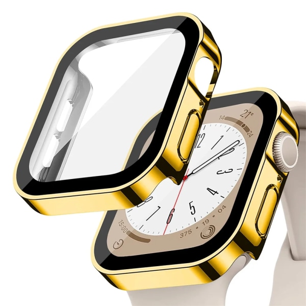 Glas+ cover För Apple Watch case serie 8 7 6 5 4 se 44mm 45mm 41mm 40mm PC Vattentät skärmskydd apple watch Tillbehör Gold 17 Series 7-8 41mm