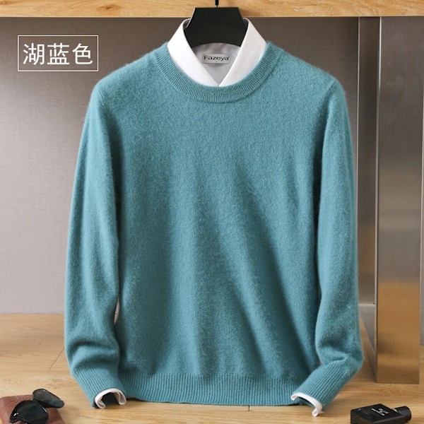 Mænds 100% Ren Mink Cashmere Sweater O-Hals Pullover Strik Trøje Efterår Og Vinter Ny Langærmet High-End Jumper Mink Topper Lake blue XL