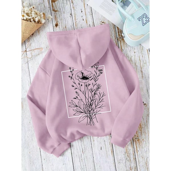 Ezwear Floral Print Kangaroo Pocket Drawstring Thermal Hoodie Thermalt Dusty Purple XS