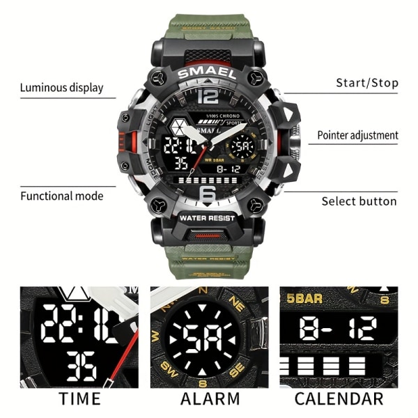 SMAEL Toppmärke Herrklockor Dual Display Quartz Watch för män Vattentät Sport Militär Armbandsur Led Digital klocka Army Green