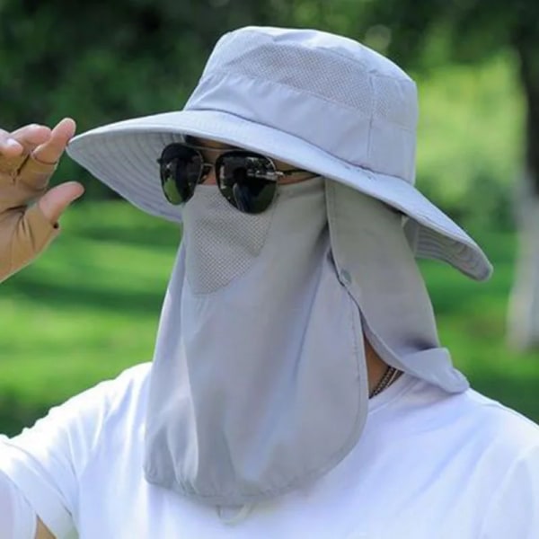 Fiskehatt för män Solskydd utomhus hatt med bred brätte med avtagbart mesh i ansiktet cover Vindtätt band GRAY