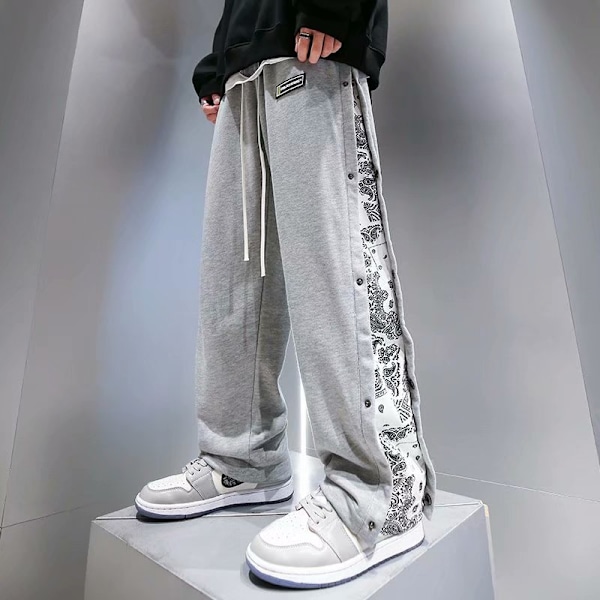 Breasted Byxor Mäns Fjäder Mode Märke Hip-Hop Valpar Vacker Cashew Flower Sy Rak Rör Loss Bred Bendipper Casual Byxor Grey M