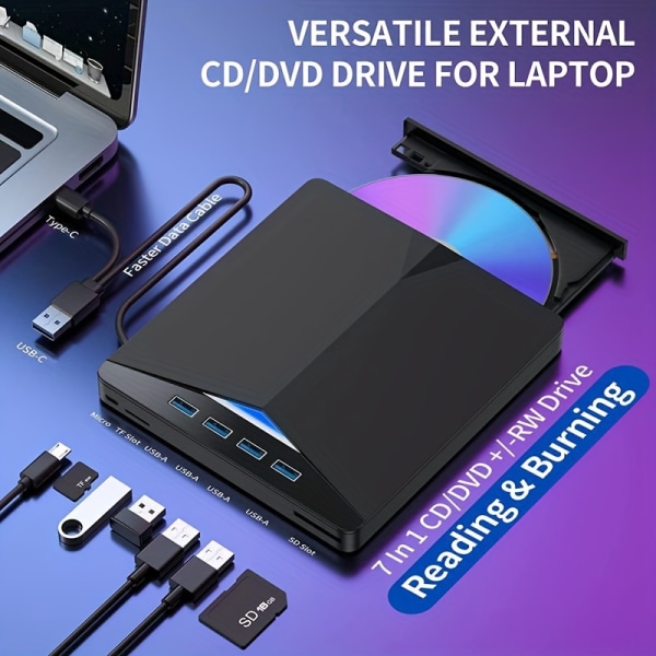 Bärbar för CD/DVD-spelare, extern USB -dvd-brännare, extern bärbar dator för att flytta CD-ROM-enheten Black