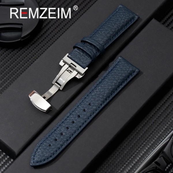 Litchi Grain Strap 18/20/22/24 mm Watch Armbandsurband i äkta mjukt läder med fjärilsspänne black(white line) 18mm
