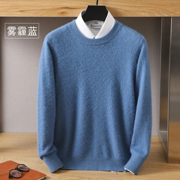 Mænds 100% Ren Mink Cashmere Sweater O-Hals Pullover Strik Trøje Efterår Og Vinter Ny Langærmet High-End Jumper Mink Topper Haze blue XXL