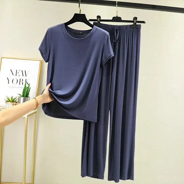 Sommar 2024 Ny Modal Pyjamas Sets Kvinnor Lounge Söta Sömnkläder Kort Ärm Casual Nattkläder Stora Storlek M-Xxl Kvinnlig Pijamas Blue L