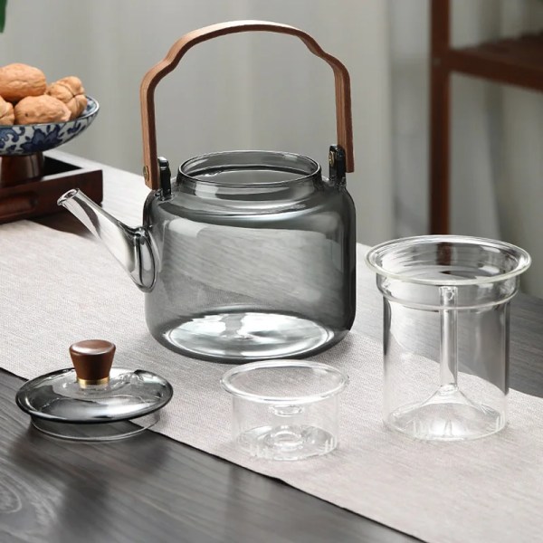 Théière en Verre Gris avec Infuseur, Bouilloire Transparente, Portable, Poignée, Bureau, Maison, 1,2 l 1200ML TeapotB