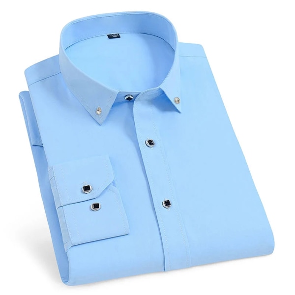 Långärmad herrskjortaklänning av hög kvalitet Casual Enfärgad Rutinpassform Design Business Manliga sociala skjortor Vit Blå Svart Blue XXXL - 42