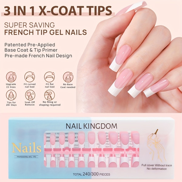 240st French Tip Gel Nail Tips - Brun/Rosa mjuk Gel Nail Tips, Ultra Fit French Tip Press On Nails 15 storlekar, Tip Primer & Base Coat Cover Pink Square