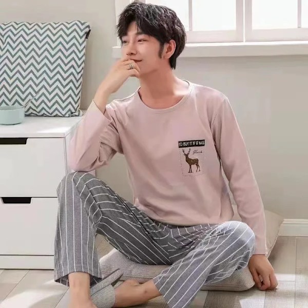 Miesten pyjama loungewear-setti pitkähihainen kevät syksy loungewear miesten syksy talvi tyylit nuoret keski-ikäiset Lou Lou. Setti räjäyttäjille Green L