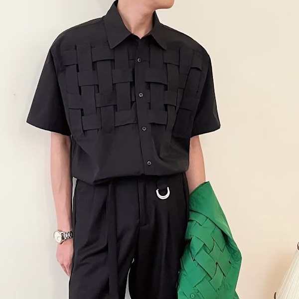 Vävda Kortärmade Skjorta Mäns Koreanska-Stil Trendy Handsome Skjorta Mäns Niche Design Tröja Pojkvänen Sommartunn Black XXXL