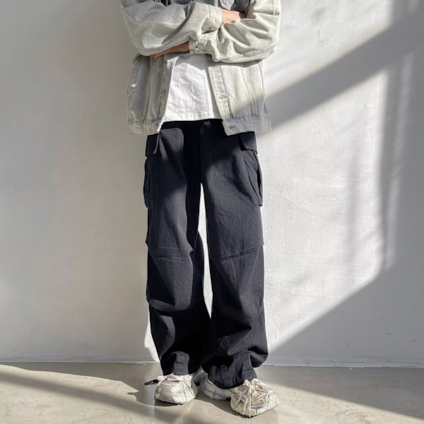 Suorat housut miehille 2024 Uusi kevät Kiristysnauha Korsetti Hoikentavat housut Kudotut Retro Kuljetushousut Black XXXL