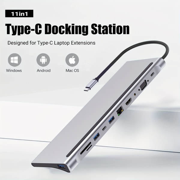 11-i-1 USB-C smart dockningsstation: 4K HDMI, USB3.0, USB-C höghastighetsdata, SD/TF-kortläsare, 100W PD, VGA, ljud, RJ 45-nätverk 24.99*7.98*1.7 Cm