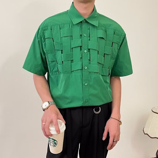 Vævet Kortærmet Skjorte Mænd Koreansk-Stil Trendy Handsome Skjorte Mænd Niche Design Trøje Kæresten Sommartunn Green XXL