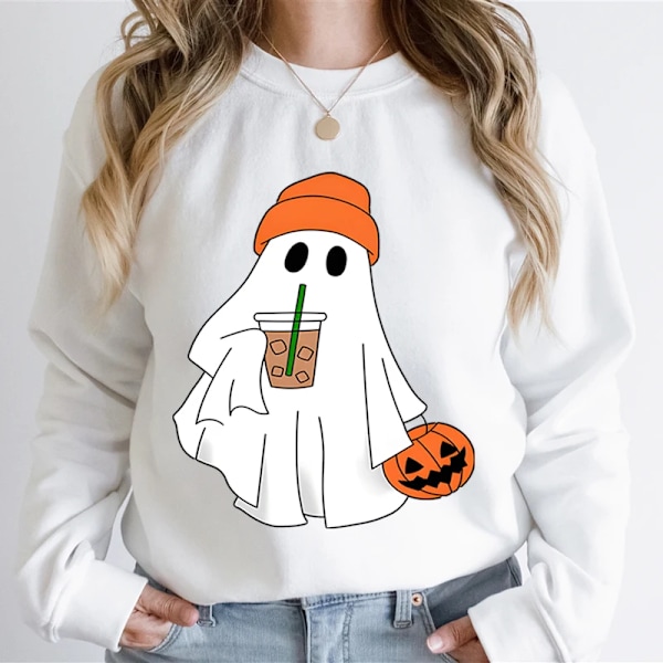 Ghost Ice Kaffe Grafisk Sweatshirt Hoodie Kvinnor Halloween Ghost Kaffe Lover Present Hoodies Pumpor Halla Party Sweatshirts WHITE M