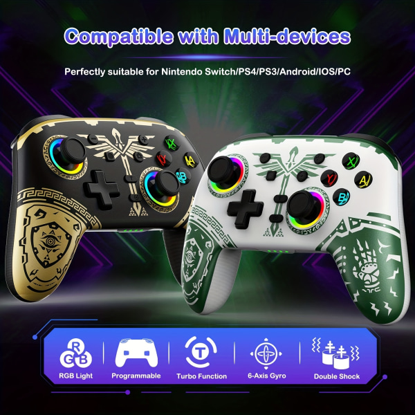 För Switch Controller, Wireless Switch Pro Controller med RGB-ljus, Multi-Platform Game Controller kompatibel med Nintendo Switch, PS4, PS3, IOS White