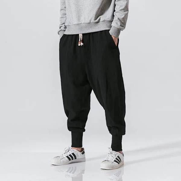 Spring Casual Oversize Harem Byxor Män Streetwear Solid Färg Harajuku Baggy Byxor Bomull Lin Elastisk Midja Joggers För Människan Navy Chinese Size XXL