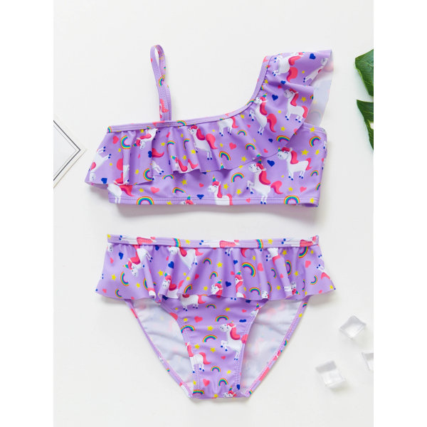 Bikinibaddräkt för flickor med en axeldesign Härlig Flamingo Unicorn sommarbaddräkter PURPLE 5Y