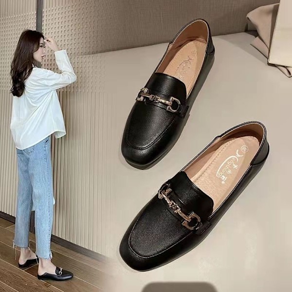 Enkla Lager Skor Kvinnors Riktiga Mjuka Läder Skor Kvinnors 1 Slip-On Icke-Slip Platt Brittisk-Stil Casual Lo. Försäkrar Mjuklösa Loafer Black [Upgraded Version]] 36