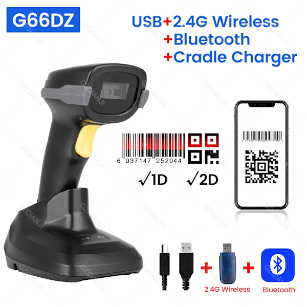 2D QR-læser scanner 1D/2D håndholdt stregkodescanner streglæser bærbar qr-scanner USB trådløs 2.4G Bluetooth PDF417 DM-kode 2D Bluetooth Base