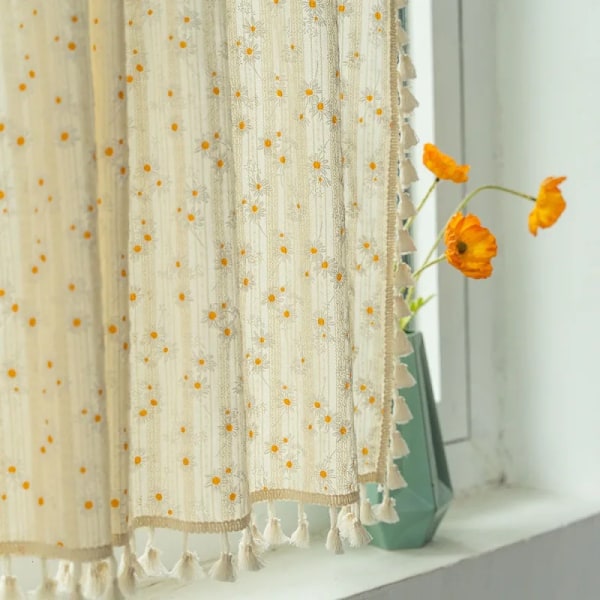 Yksinkertainen puuvilla Daisy lyhyt verho tie tasku varjostin kukka tupsu yellow W60cmxH90cm