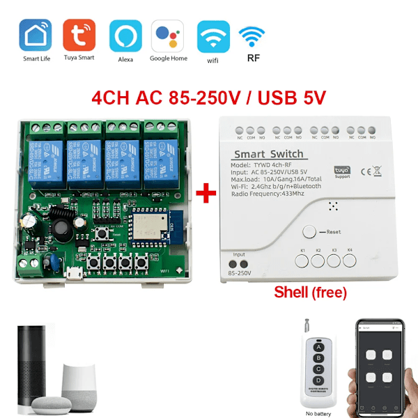 Smart Switch 4Ch Wifi Relæ Modul Hjemmeautomatisering Usb 5V 7-250V Rf433mhz Fjernstyring 4 Arbejde Med Gange AC DC 7-32V CASE