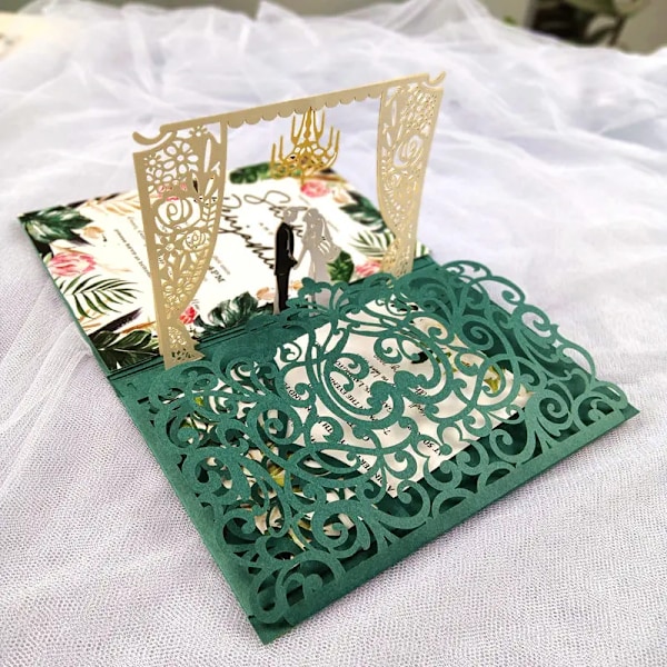 Gratis fragt 1x 3D POP UP Kort guld grå tri 3 Fold Lomme Bryllupsinvitation Kort Laser skåret Invitation Hilsenskort med konvolut A4 matte green blank set