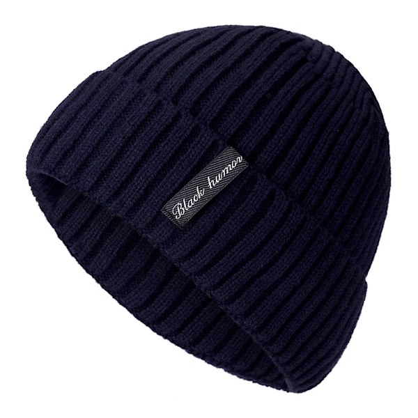 Högkvalitativ svart vintermössa i ull för män och kvinnor - varm beanie med päls, baggy mössa, stickad mössa för skidåkning och sport navy blue