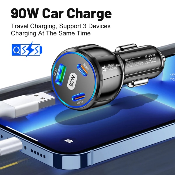 90W billaddare USB typ C power Quick Charge 3.0 för iPhone 14 13 12 Xiaomi 13 Samsung biltelefonladdare