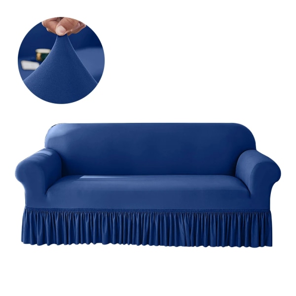 Högstretch enfärgad cover för vardagsrum Spandex cover med kjol Dammtät Halkfri soffa Överdrag Hem Blue 1 seat  90-140cm