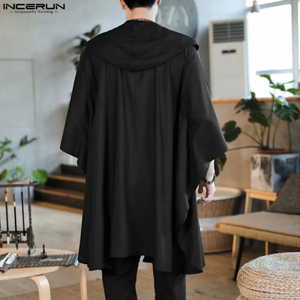 Mäns Trench Retro Kimono Hooded 3/4 Ärm Öppen Stygn Lång Tunn Oregelbundna Rockar Solid 2024 Streetwear Casual Low Ytterkläder Incerun Navy 5XL