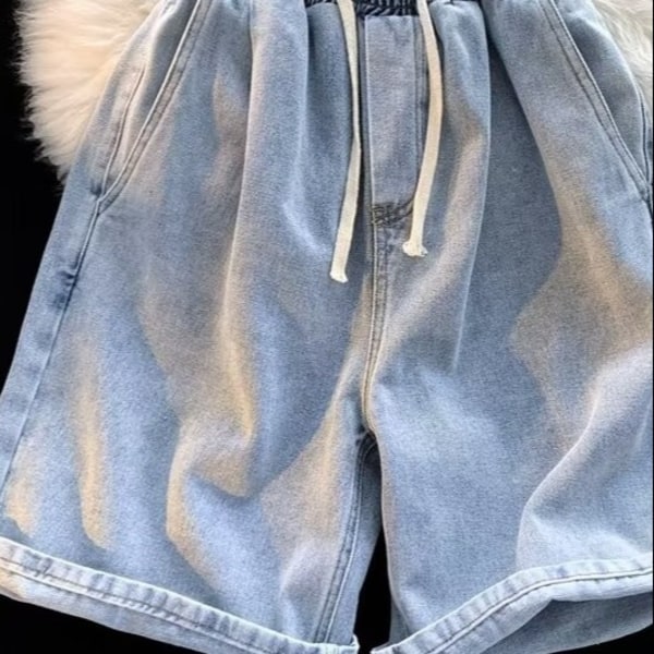 Amerikkalaiset High Street -vaaleansiniset denimshortsit, miesten joustavat kuminauha-vapaa-ajan viidennet housut, kesäiset ohuet miesten suorat housut S Light Blue XL