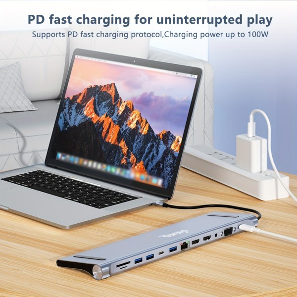 Wowssyo USB C Hub 12-in-1, Samma skärm/Annan skärm, USB C-adapter för MacBook Pro/Air, anslutning för HDMI 4K VGA PD 87W Ethernet SD/TF