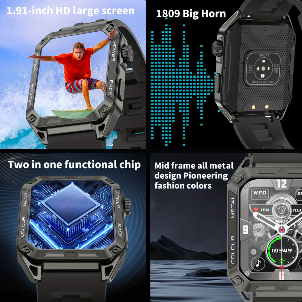 Watch (Svara/ringa samtal), 4,85 cm smartklocka med full pekskärm med trådlöst samtal, spela musik, flera sportlägen, IP67 vattentät fitness Steel Black
