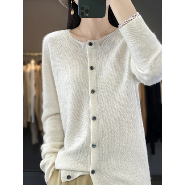 Mode Kvinder 100% Merinould Cardigans Cashmere Sweater Efterår Vinter O-Hals Langærmet Strik Kvinde Basic Tøj Toppe Shumei L