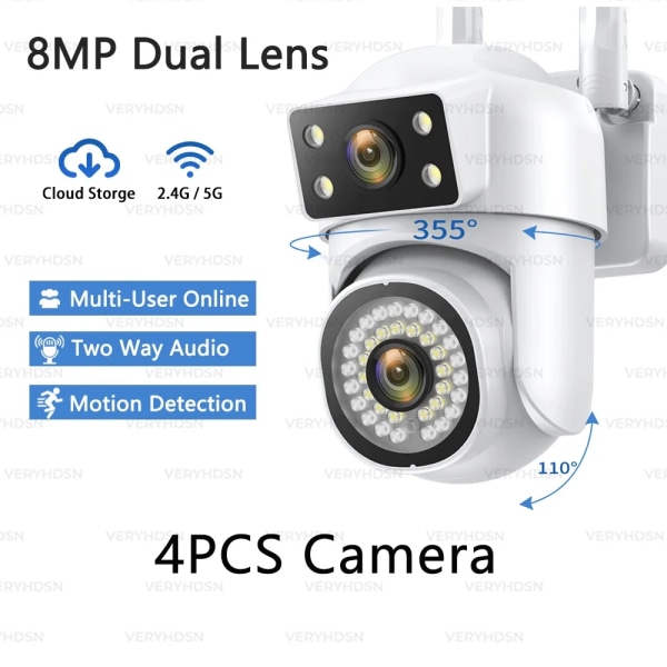 4K 8MP Wifi PTZ-kamera Dubbellins IP CCTV Videoövervakningskamera Ai Människoupptäckt Autospårning Nattseende utomhus Vattentät AU Plug 4PCS-8MP-NO Card