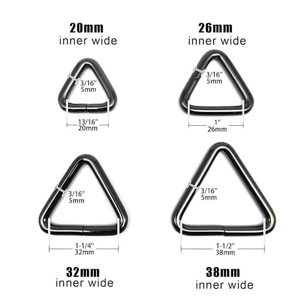 5 stk. Jern Høj Kvalitet 20mm 25mm 32mm 38mm Håndtaske Lædertaske Rem Bælte Hundekrave Kæde Web O Dee Trekant Ring Spænde Spænde gun black inner wide 20mm