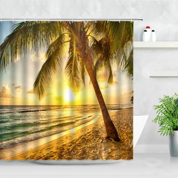 Skymning Solnedgång Strand Duschgardiner Tropiskt hav Palmträd Skog Vattenfall Naturlandskap Tyg Heminredning Set 786G 200x180cm-78x70in